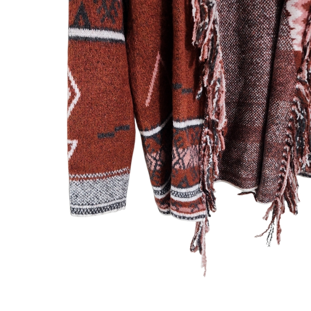 Open-Front Fringe Cardigan Sweater - Rust Pink Pattern - Picture 4 of 8